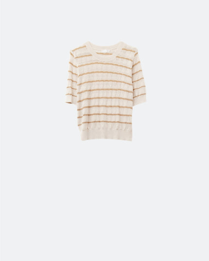 Beige Openwork Knit Top With Short Sleeves and Gold Stripes