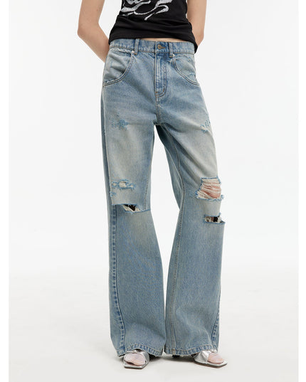 "Gray and Denim" Stylish Washed Retro Distressed Holes Straight Flared Jeans
