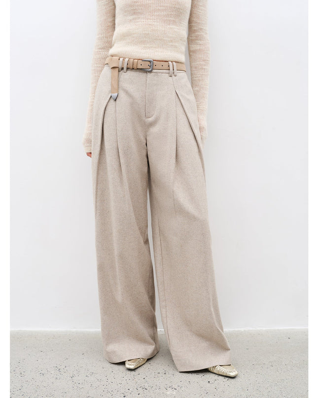 "City Stroll" Relaxed Wool-Blend Double-Pleated Straight Draped Wide-Leg Casual