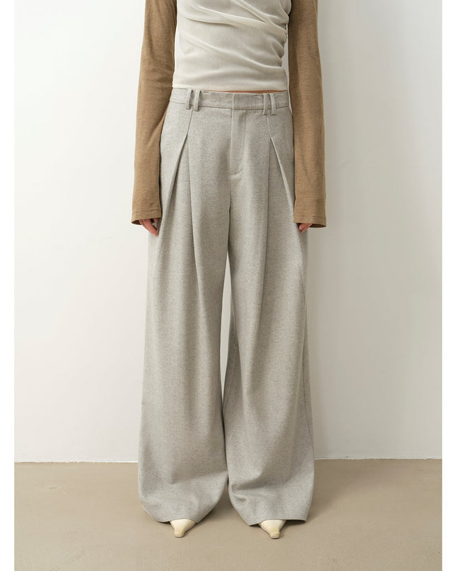 "City Stroll" Relaxed Wool-Blend Double-Pleated Straight Draped Wide-Leg Casual