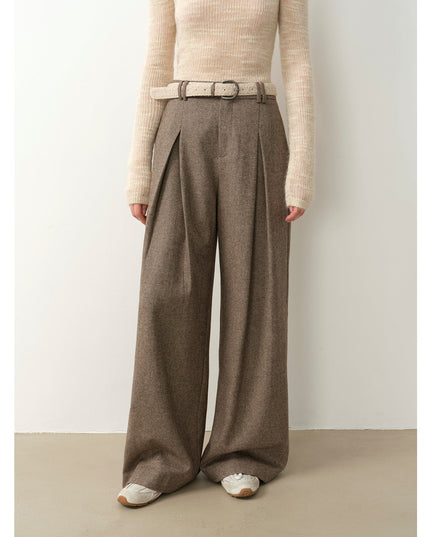 "City Stroll" Relaxed Wool-Blend Double-Pleated Straight Draped Wide-Leg Casual