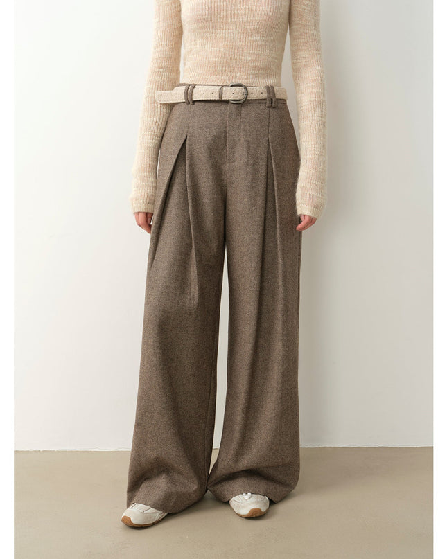 "City Stroll" Relaxed Wool-Blend Double-Pleated Straight Draped Wide-Leg Casual