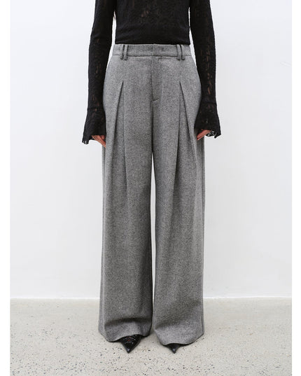 "City Stroll" Relaxed Wool-Blend Double-Pleated Straight Draped Wide-Leg Casual