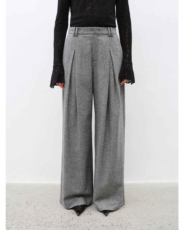 "City Stroll" Relaxed Wool-Blend Double-Pleated Straight Draped Wide-Leg Casual