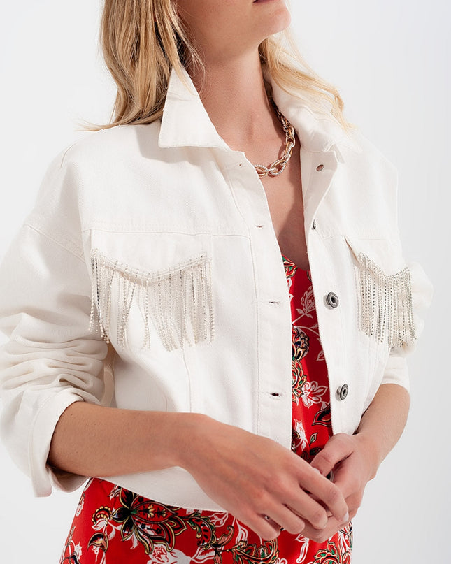 Denim Jacket With Diamante Fringing in White