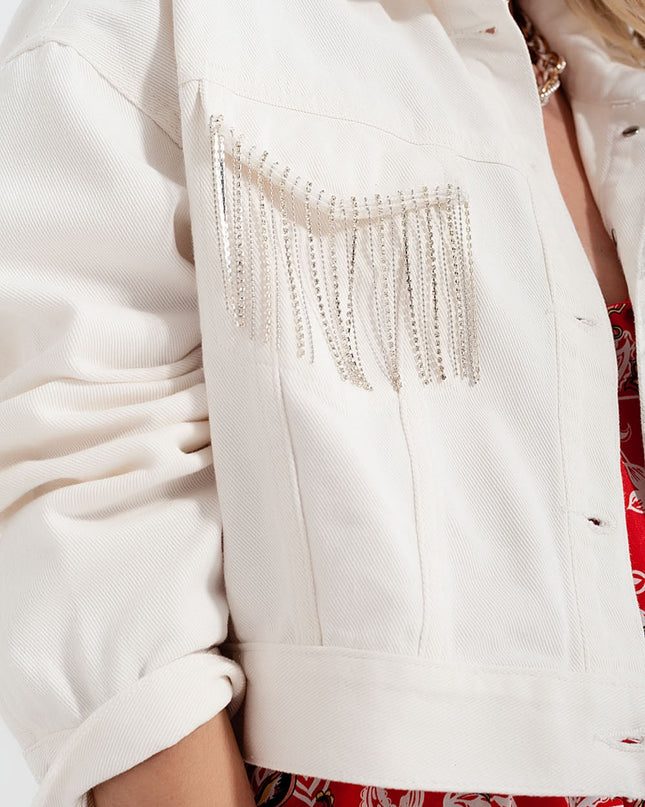 Denim Jacket With Diamante Fringing in White