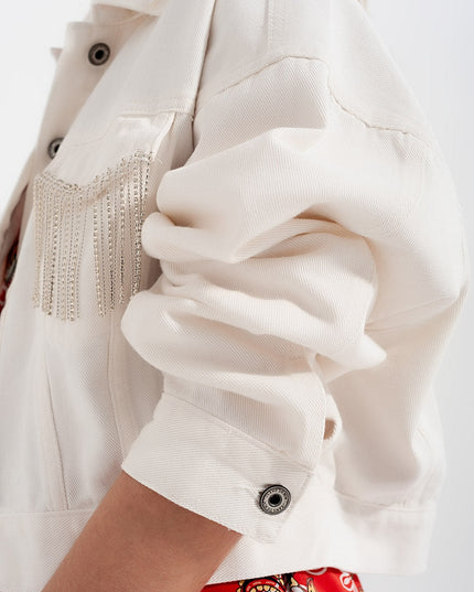 Denim Jacket With Diamante Fringing in White