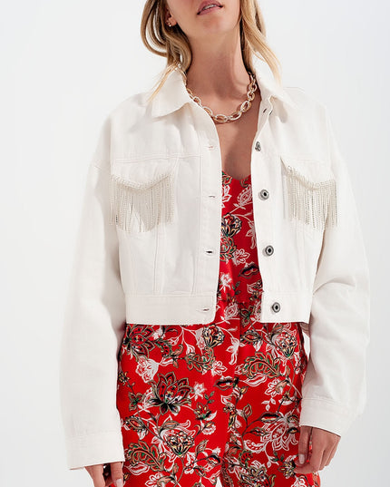 Denim Jacket With Diamante Fringing in White