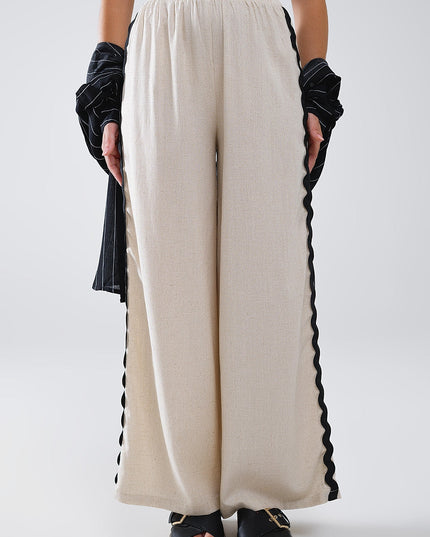 Linen Contrast Scallop Trim Pants in Beige