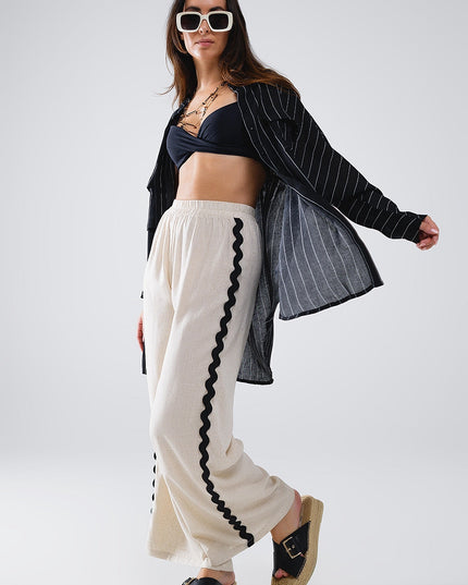 Linen Contrast Scallop Trim Pants in Beige