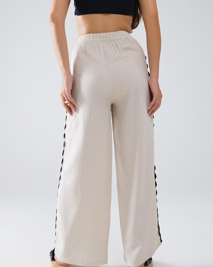 Linen Contrast Scallop Trim Pants in Beige