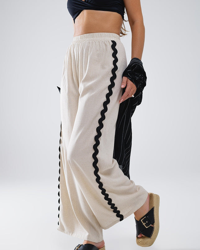 Linen Contrast Scallop Trim Pants in Beige