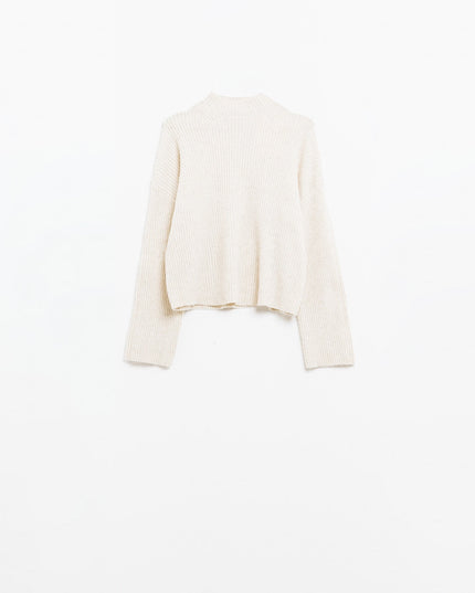 Relaxed Cream Ribbed High Neck Sweater