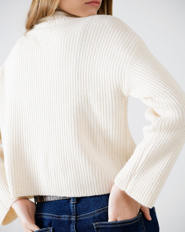 Relaxed Cream Ribbed High Neck Sweater