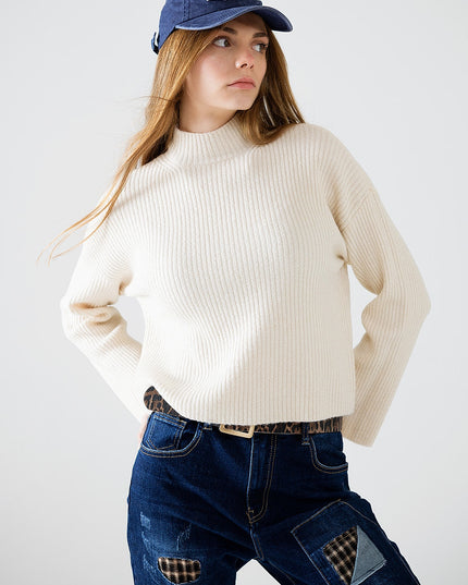 Relaxed Cream Ribbed High Neck Sweater