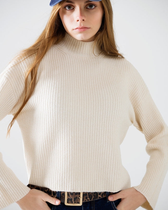 Relaxed Cream Ribbed High Neck Sweater